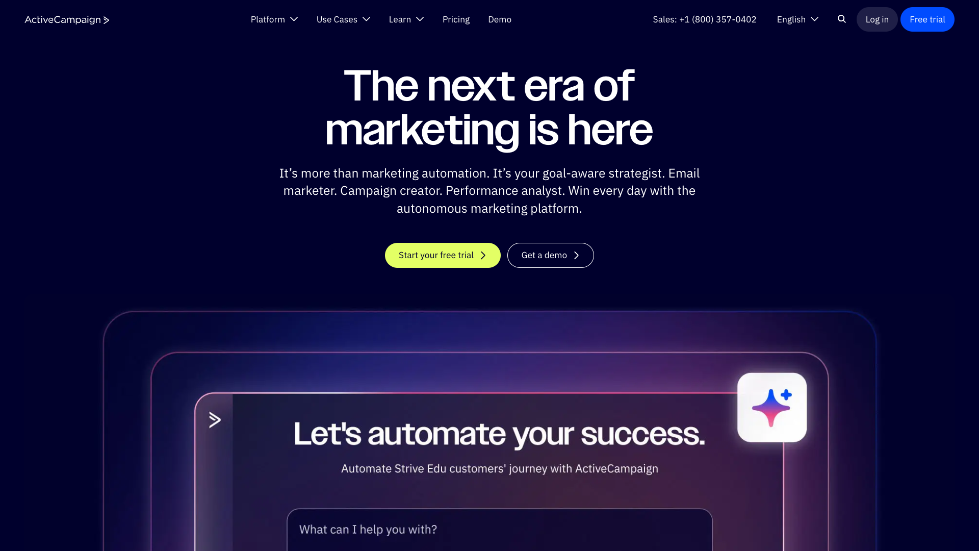 ActiveCampaign homepage showing enterprise-focused messaging and complex navigation