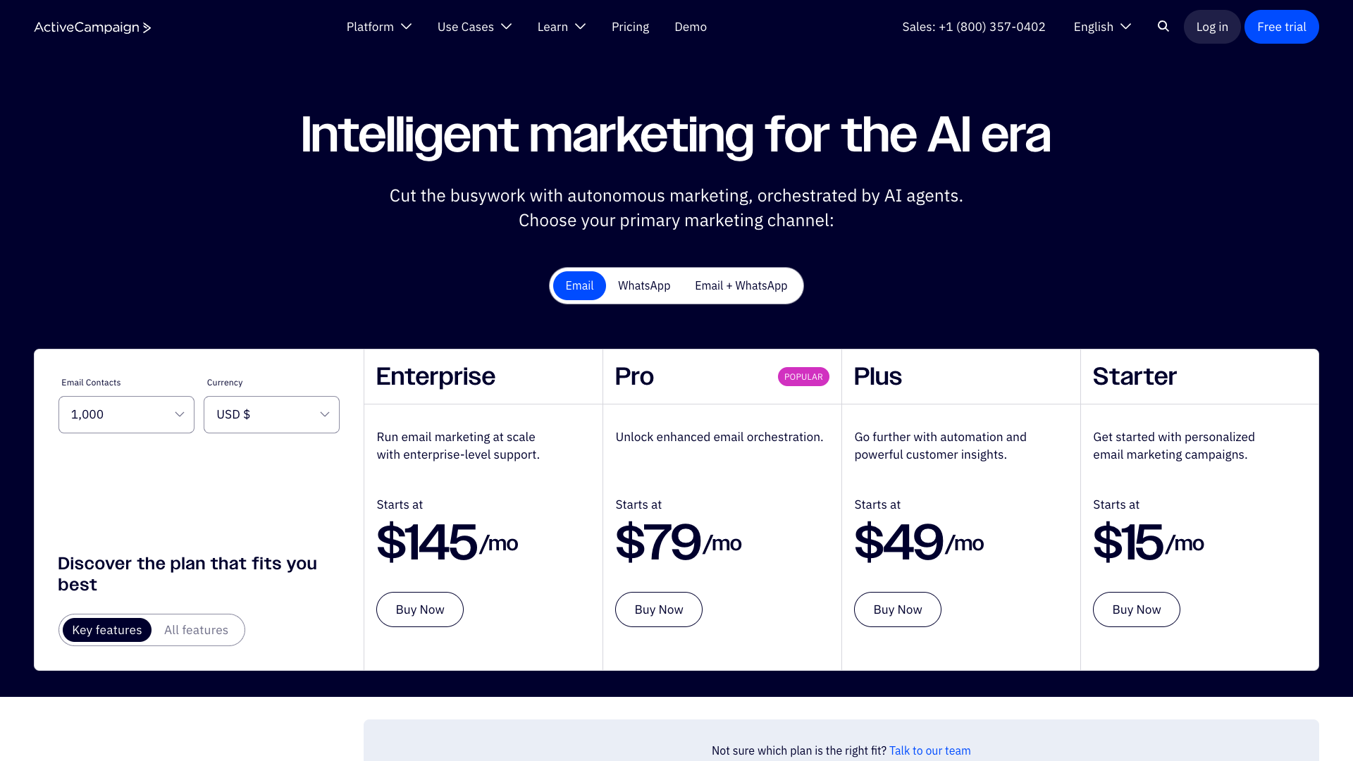 ActiveCampaign pricing with 5 tiers and 50+ feature variations