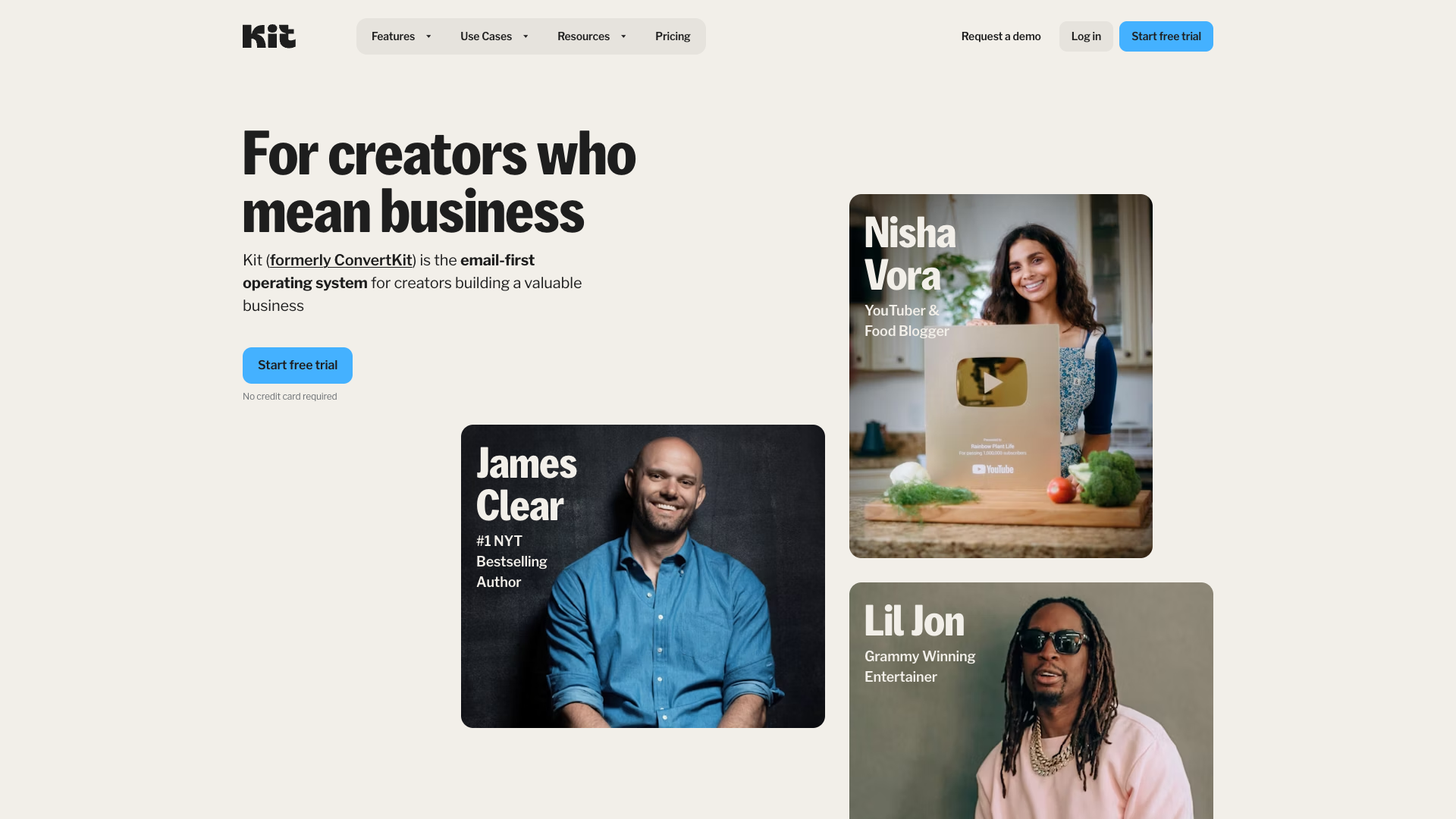 ConvertKit homepage with minimalist design focused on creators