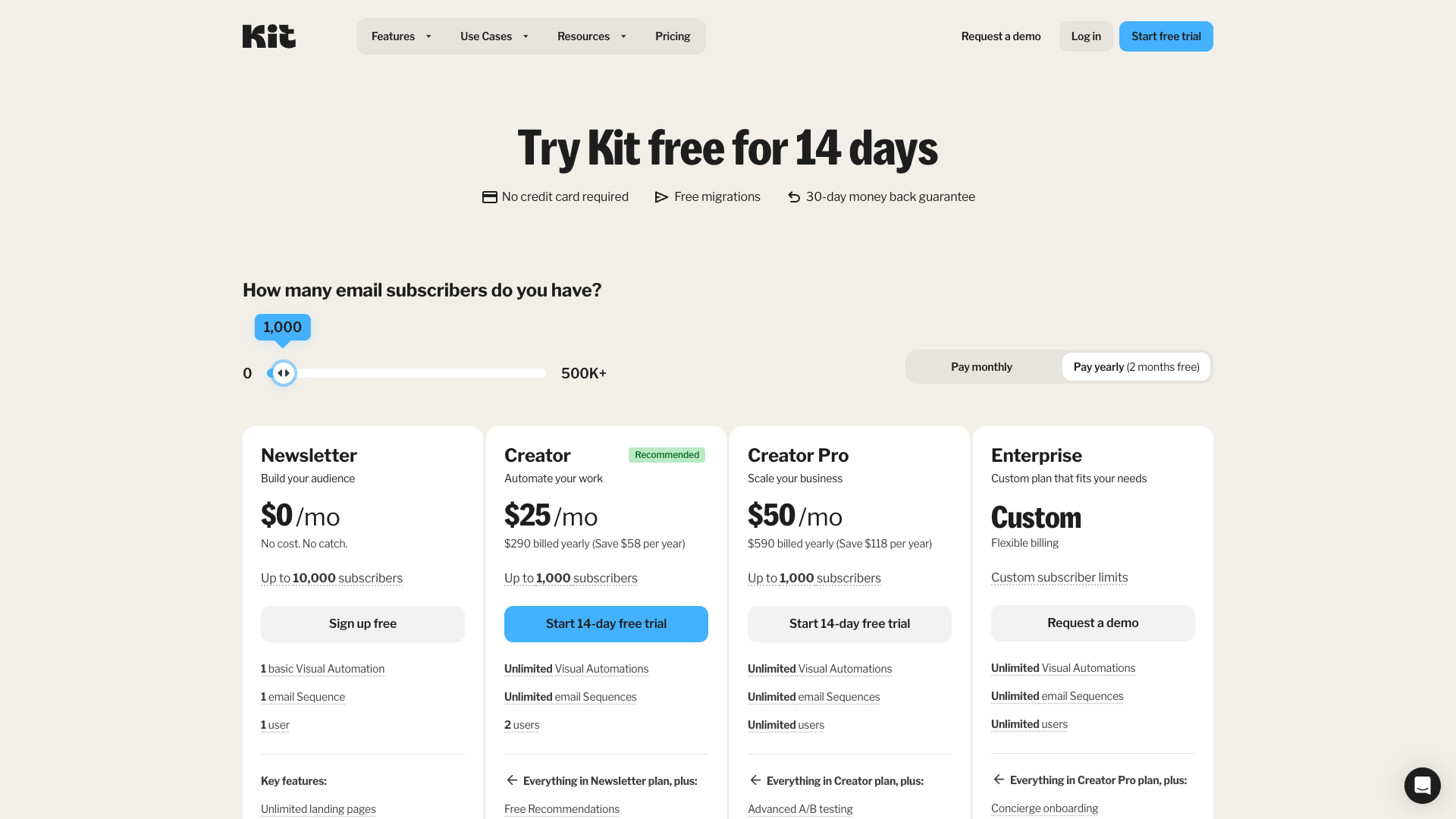 ConvertKit pricing with 3 simple tiers based on subscribers